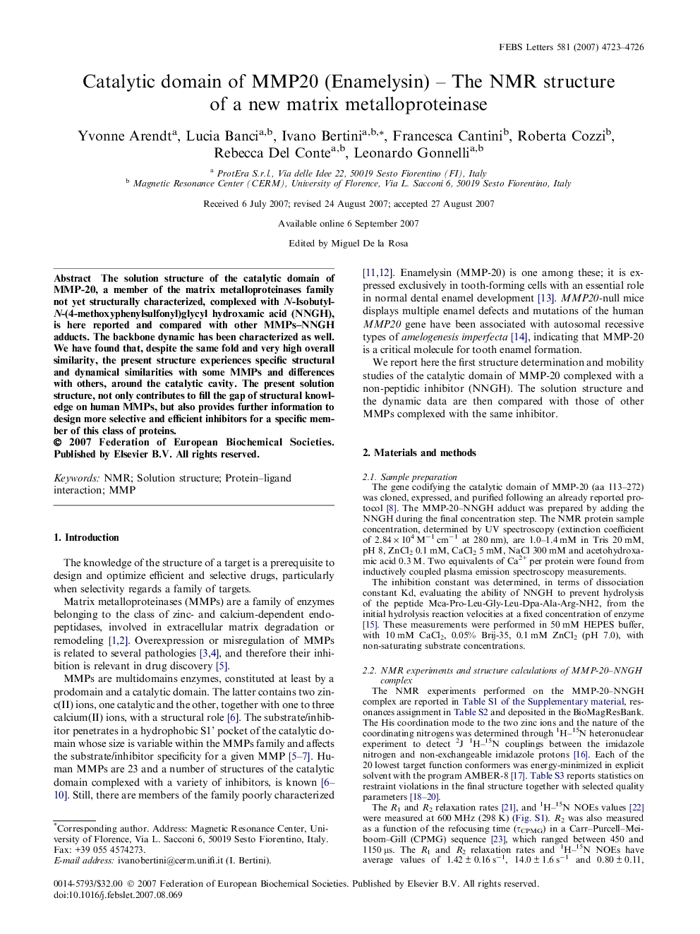 Catalytic domain of MMP20 (Enamelysin) – The NMR structure of a new matrix metalloproteinase