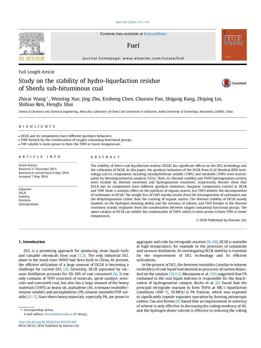 Study on the stability of hydro-liquefaction residue of Shenfu sub-bituminous coal