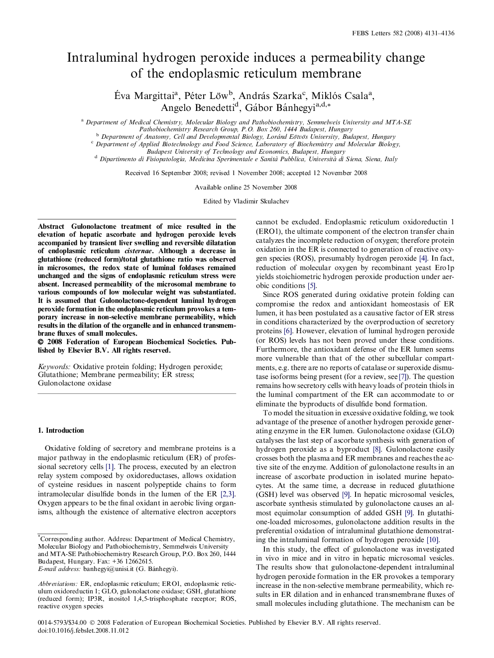 Intraluminal hydrogen peroxide induces a permeability change of the endoplasmic reticulum membrane