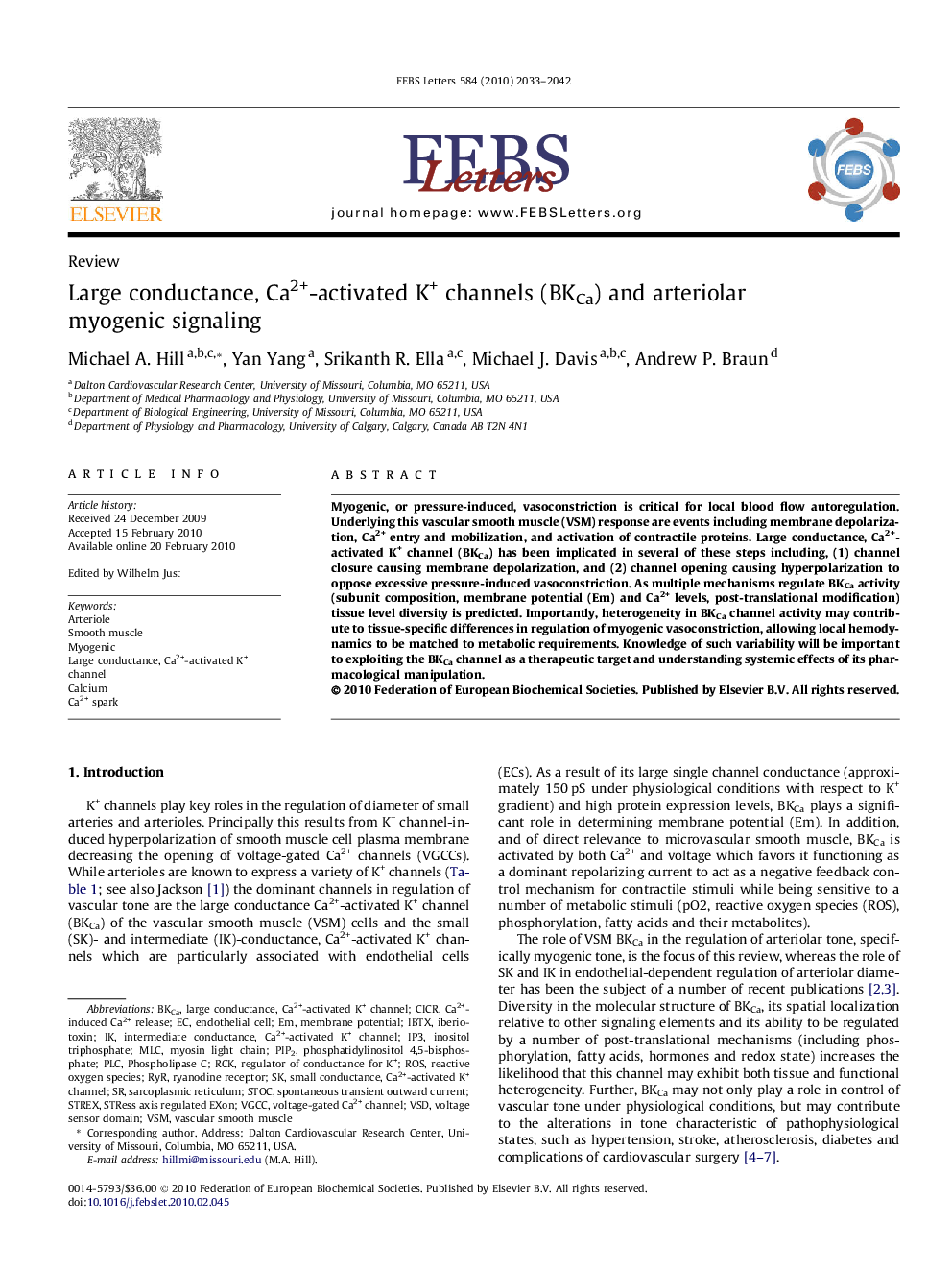 Large conductance, Ca2+-activated K+ channels (BKCa) and arteriolar myogenic signaling