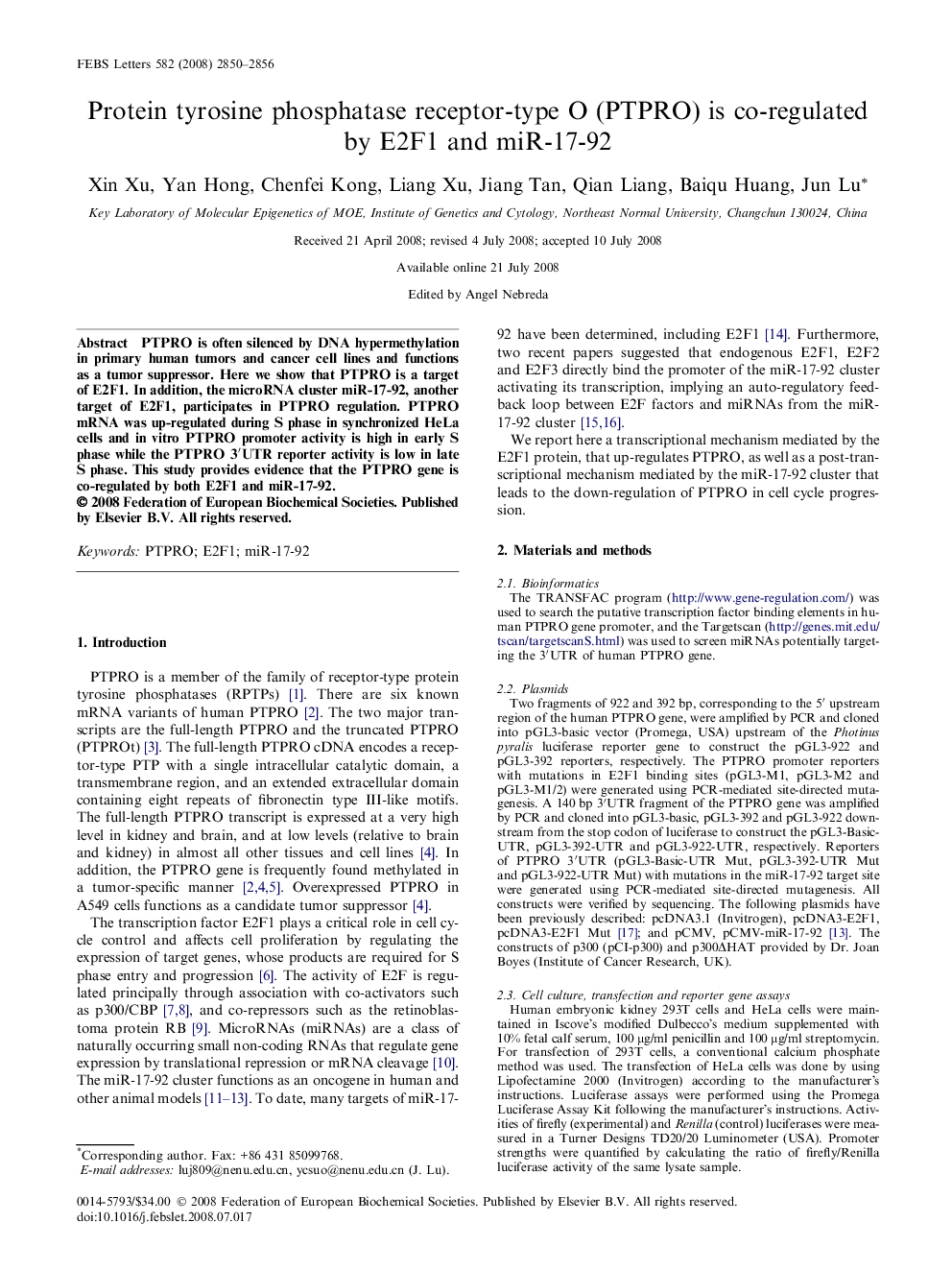 Protein tyrosine phosphatase receptor-type O (PTPRO) is co-regulated by E2F1 and miR-17-92