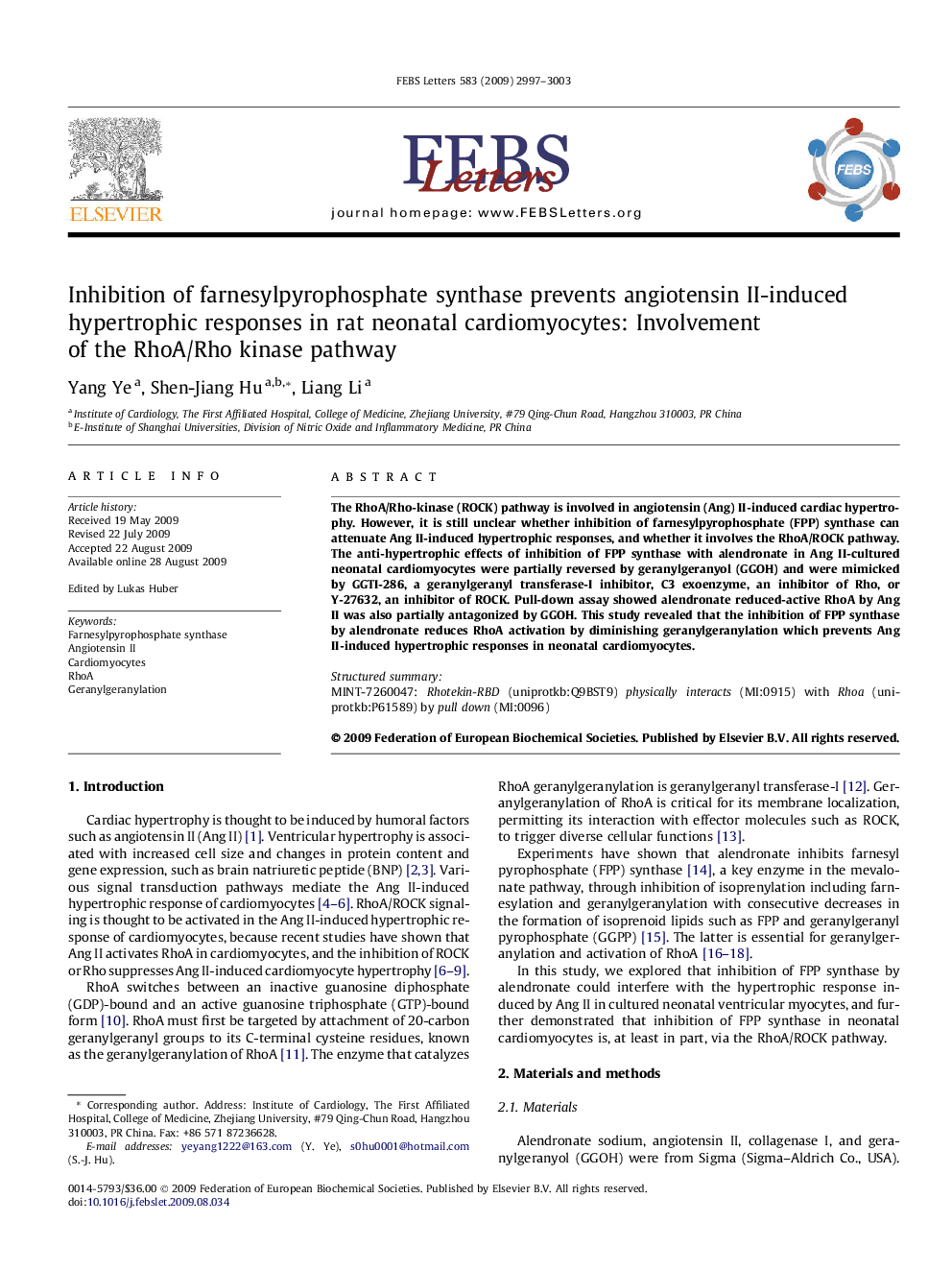 Inhibition of farnesylpyrophosphate synthase prevents angiotensin II-induced hypertrophic responses in rat neonatal cardiomyocytes: Involvement of the RhoA/Rho kinase pathway