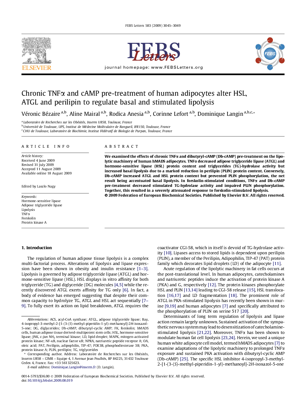 Chronic TNFα and cAMP pre-treatment of human adipocytes alter HSL, ATGL and perilipin to regulate basal and stimulated lipolysis