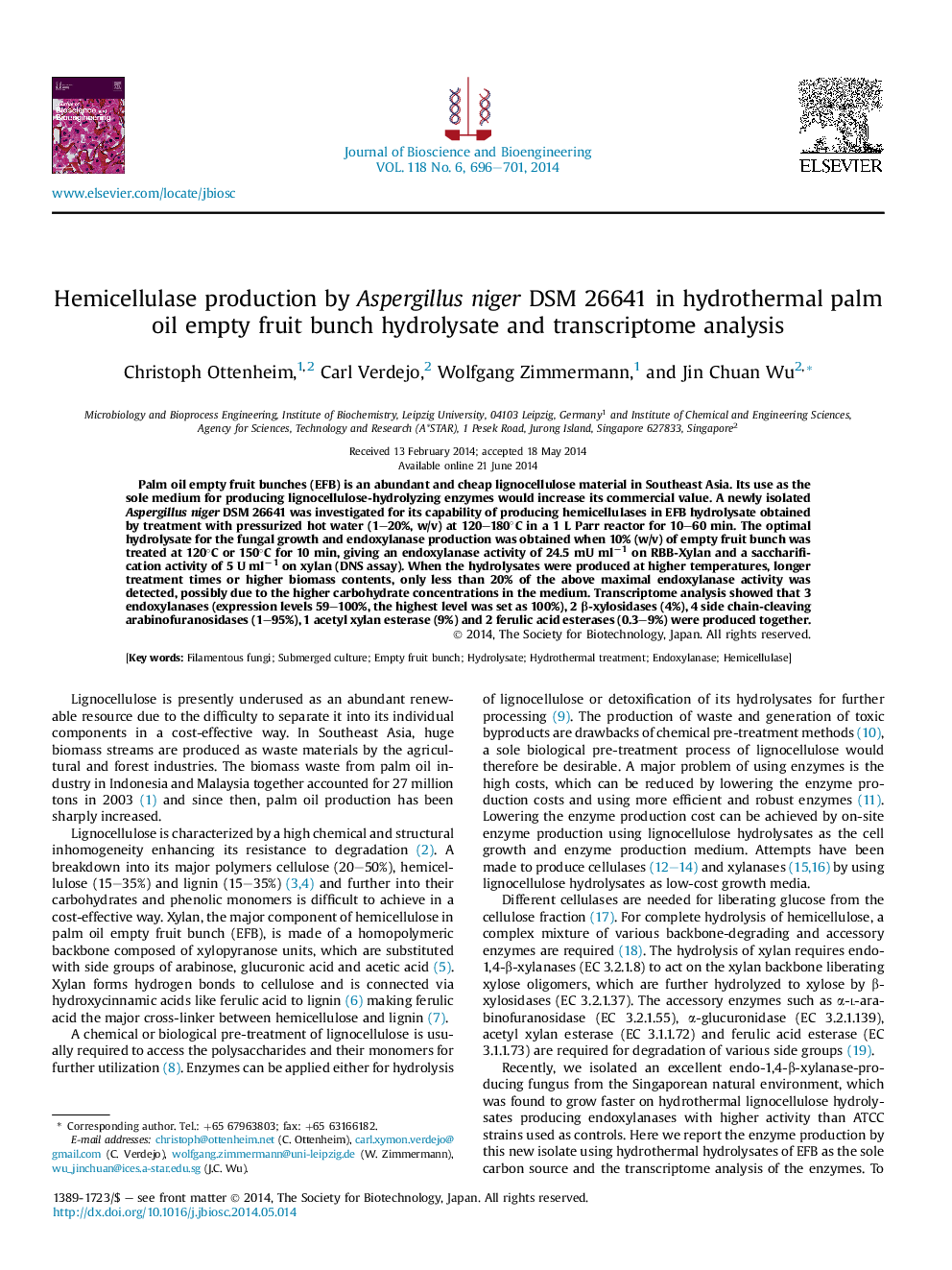 Hemicellulase production by Aspergillus niger DSM 26641 in hydrothermal palm oil empty fruit bunch hydrolysate and transcriptome analysis