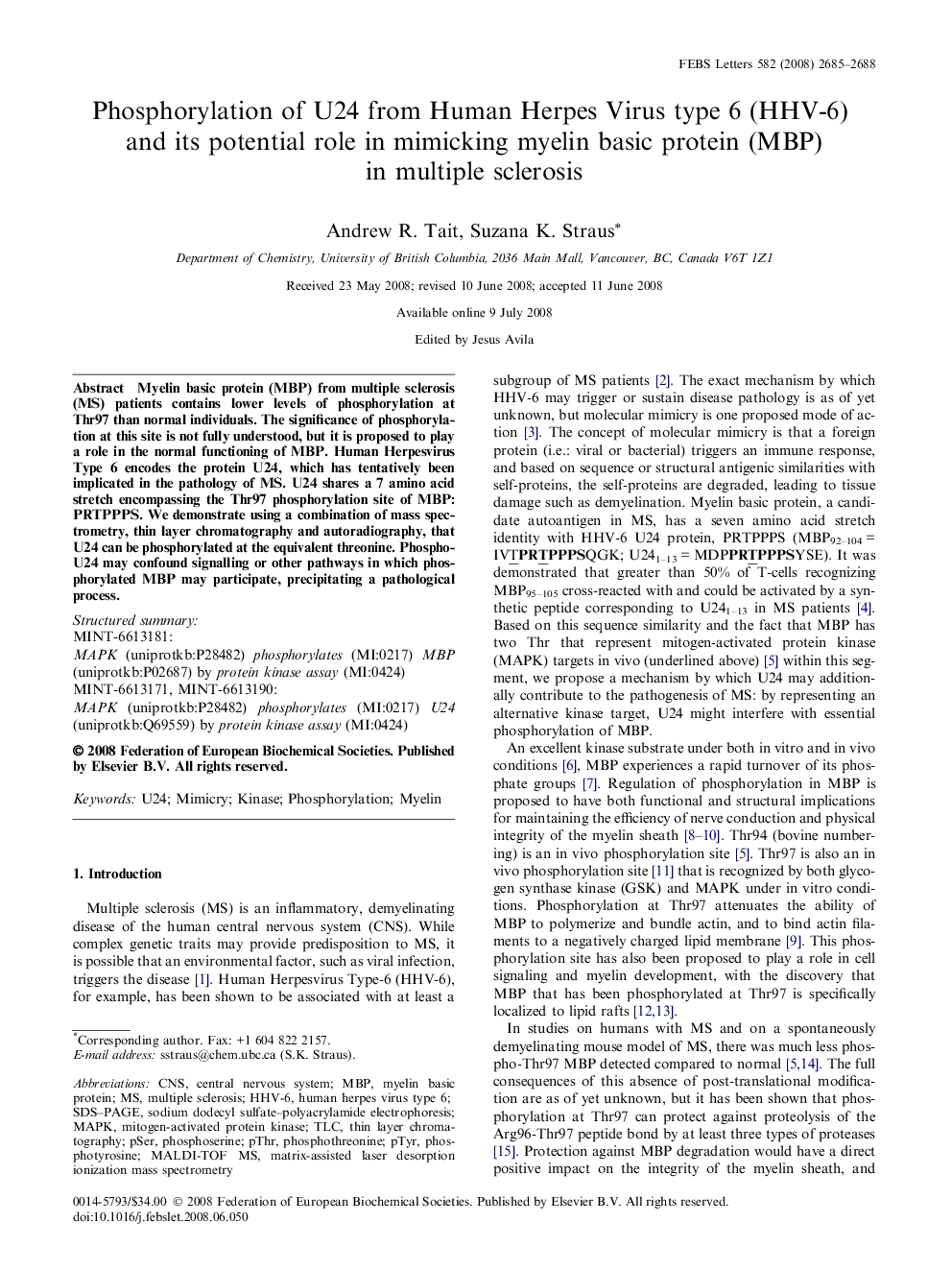 Phosphorylation of U24 from Human Herpes Virus type 6 (HHV-6) and its potential role in mimicking myelin basic protein (MBP) in multiple sclerosis