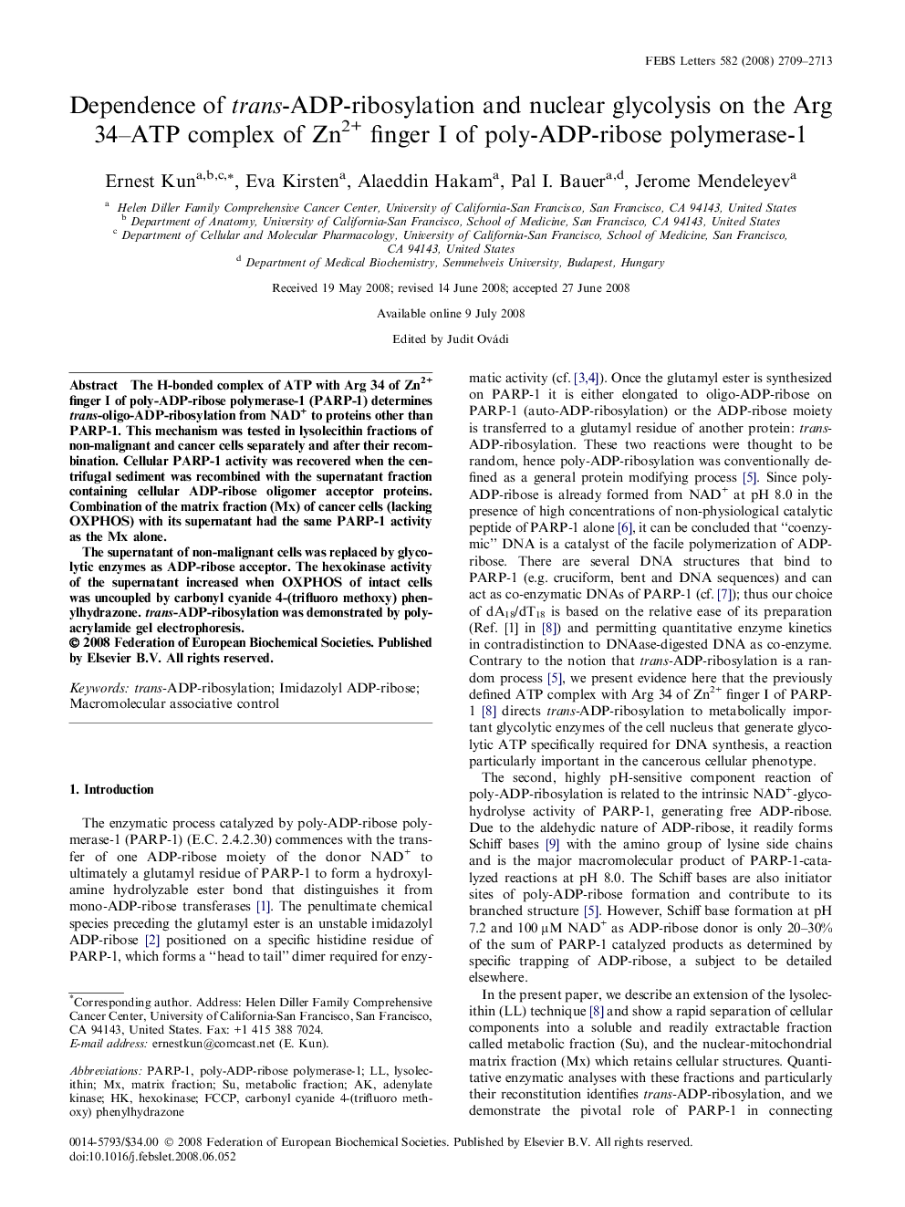 Dependence of trans-ADP-ribosylation and nuclear glycolysis on the Arg 34–ATP complex of Zn2+ finger I of poly-ADP-ribose polymerase-1