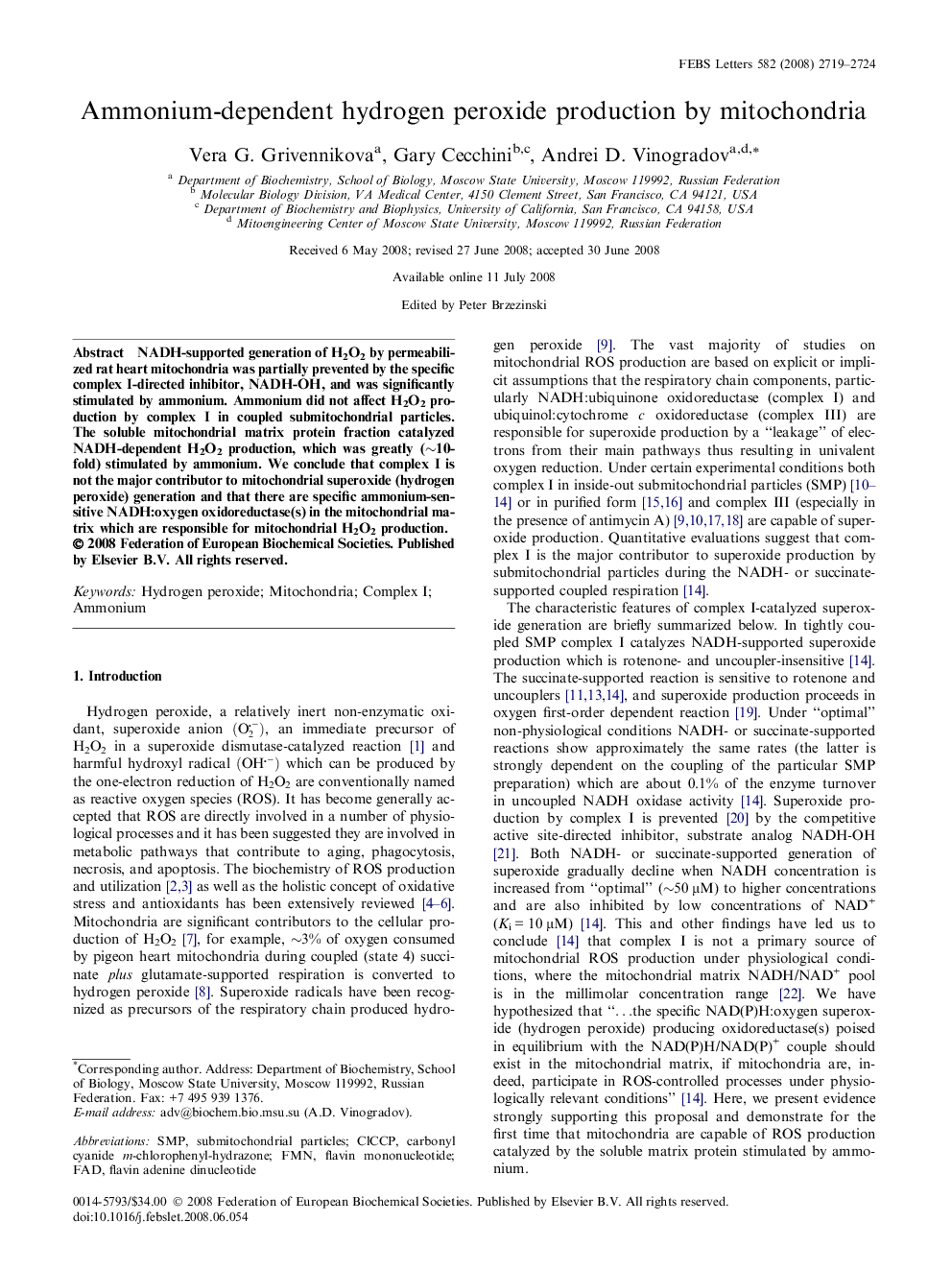 Ammonium-dependent hydrogen peroxide production by mitochondria