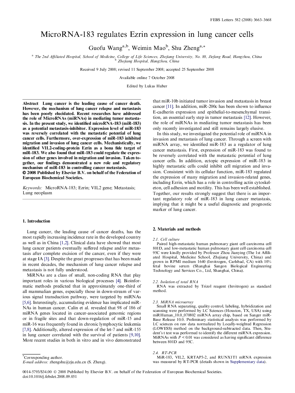 MicroRNA-183 regulates Ezrin expression in lung cancer cells