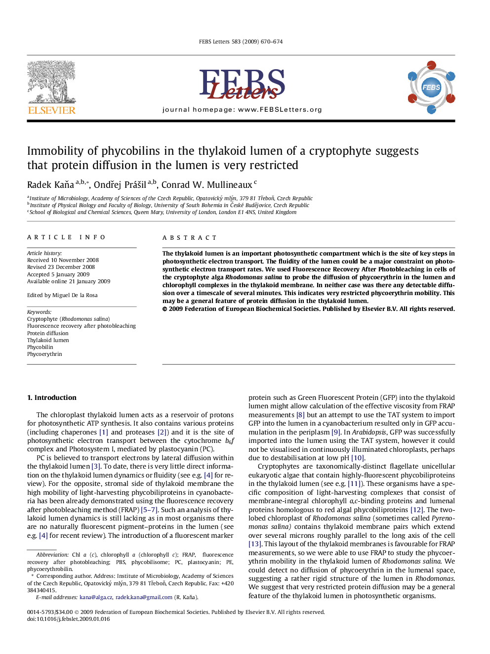 Immobility of phycobilins in the thylakoid lumen of a cryptophyte suggests that protein diffusion in the lumen is very restricted