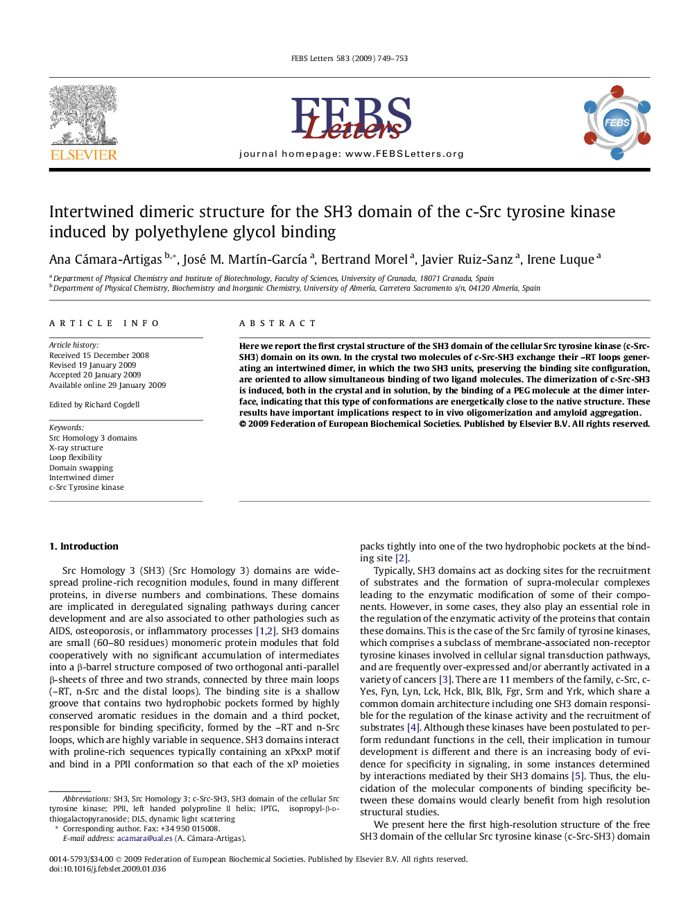 Intertwined dimeric structure for the SH3 domain of the c-Src tyrosine kinase induced by polyethylene glycol binding