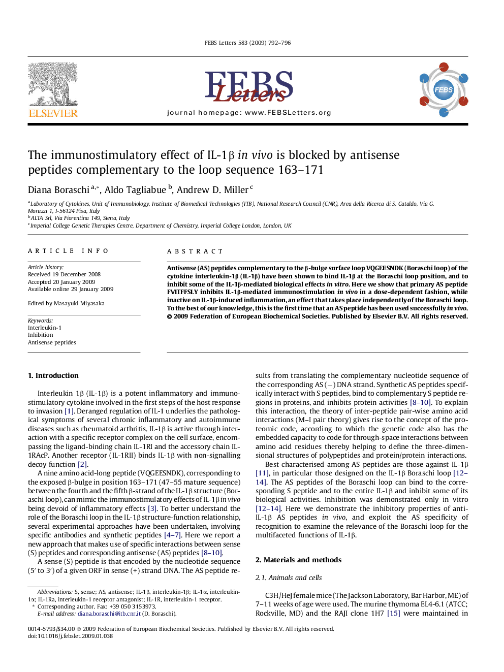 The immunostimulatory effect of IL-1Î² in vivo is blocked by antisense peptides complementary to the loop sequence 163-171