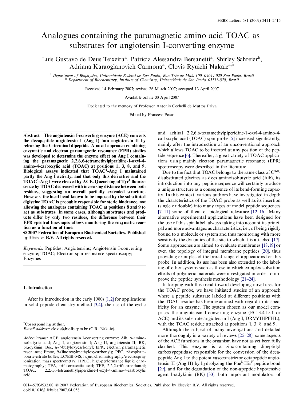 Analogues containing the paramagnetic amino acid TOAC as substrates for angiotensin I-converting enzyme