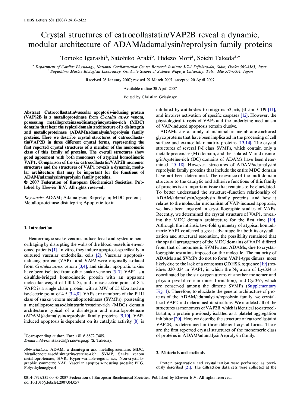 Crystal structures of catrocollastatin/VAP2B reveal a dynamic, modular architecture of ADAM/adamalysin/reprolysin family proteins