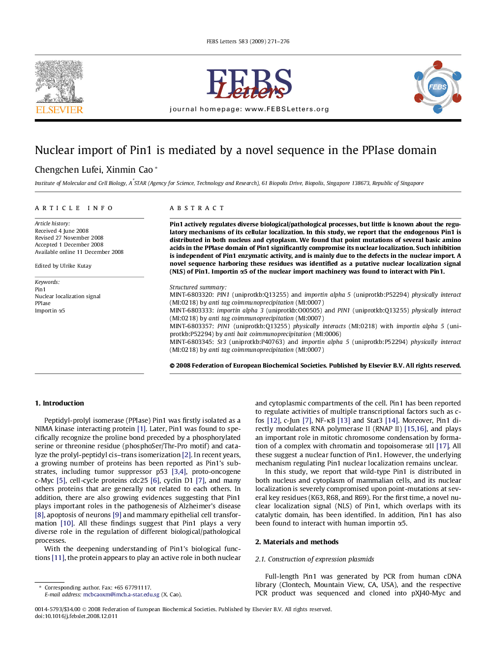 Nuclear import of Pin1 is mediated by a novel sequence in the PPIase domain