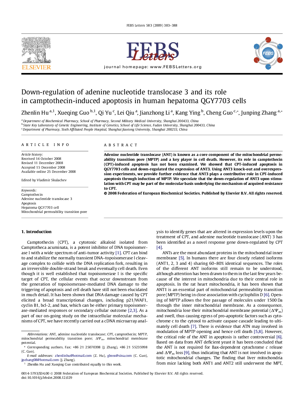 Down-regulation of adenine nucleotide translocase 3 and its role in camptothecin-induced apoptosis in human hepatoma QGY7703 cells