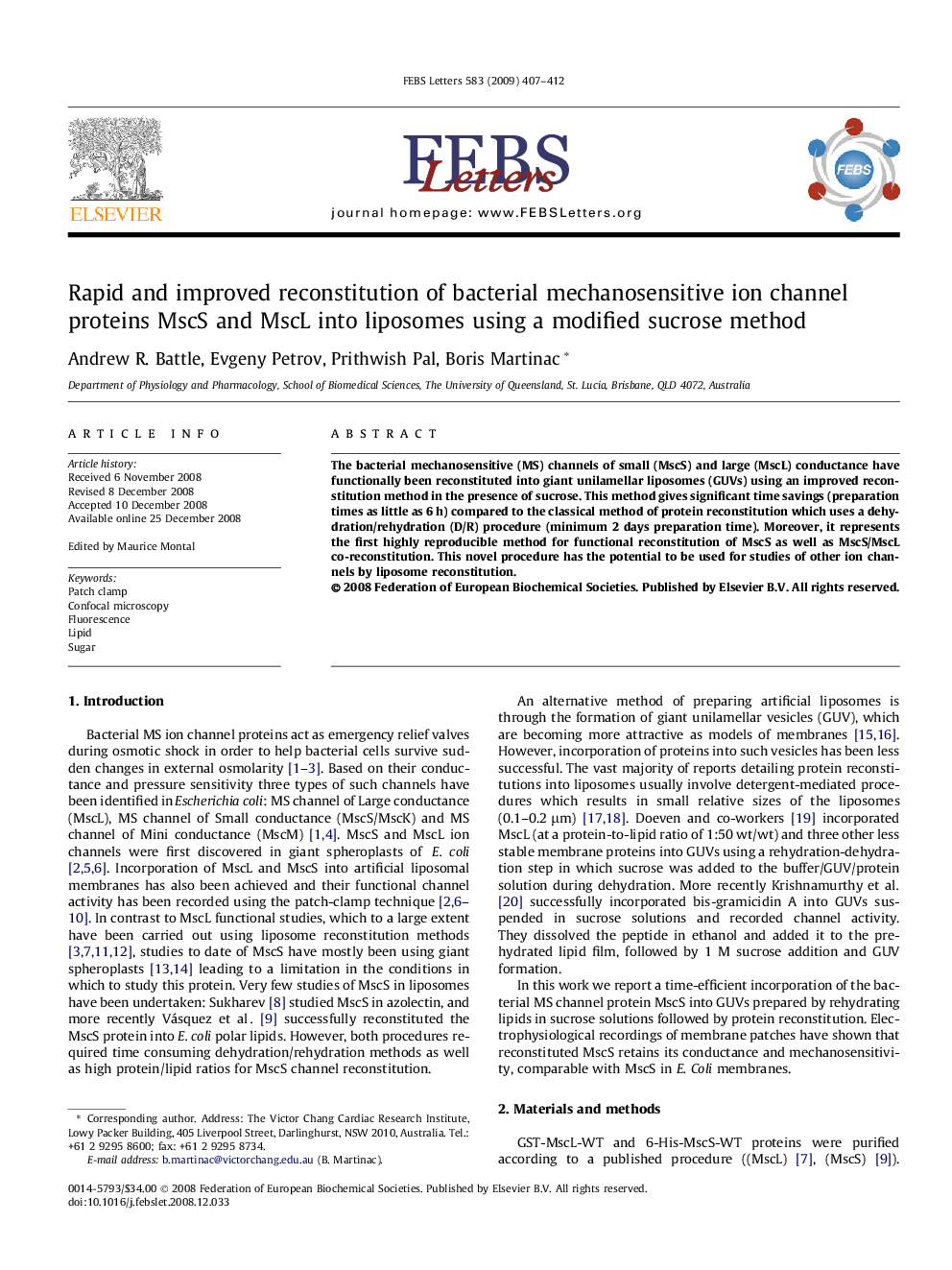 Rapid and improved reconstitution of bacterial mechanosensitive ion channel proteins MscS and MscL into liposomes using a modified sucrose method