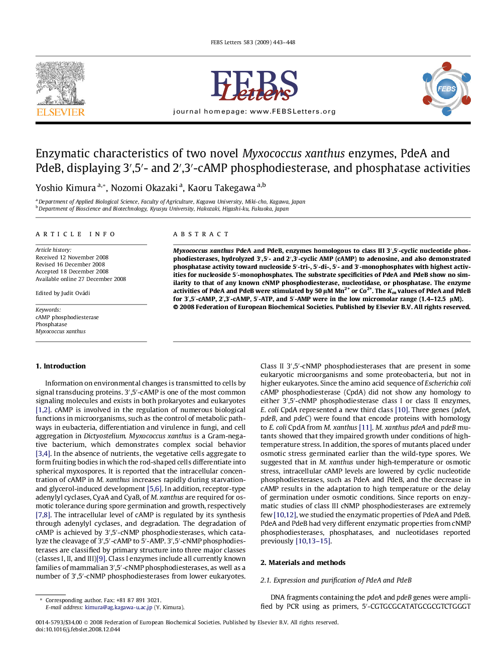 Enzymatic characteristics of two novel Myxococcus xanthus enzymes, PdeA and PdeB, displaying 3′,5′- and 2′,3′-cAMP phosphodiesterase, and phosphatase activities