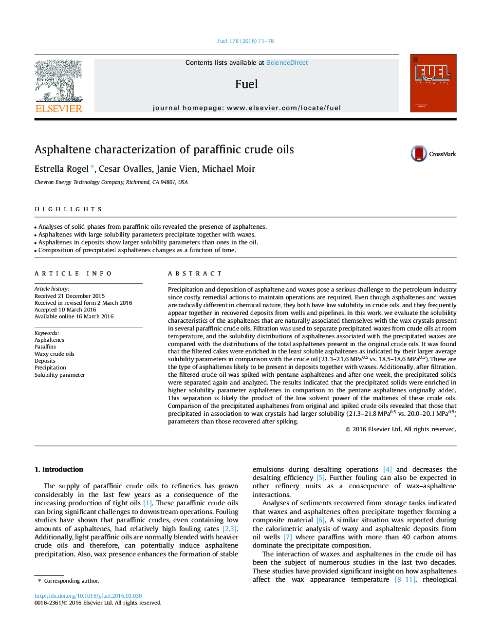 Asphaltene characterization of paraffinic crude oils