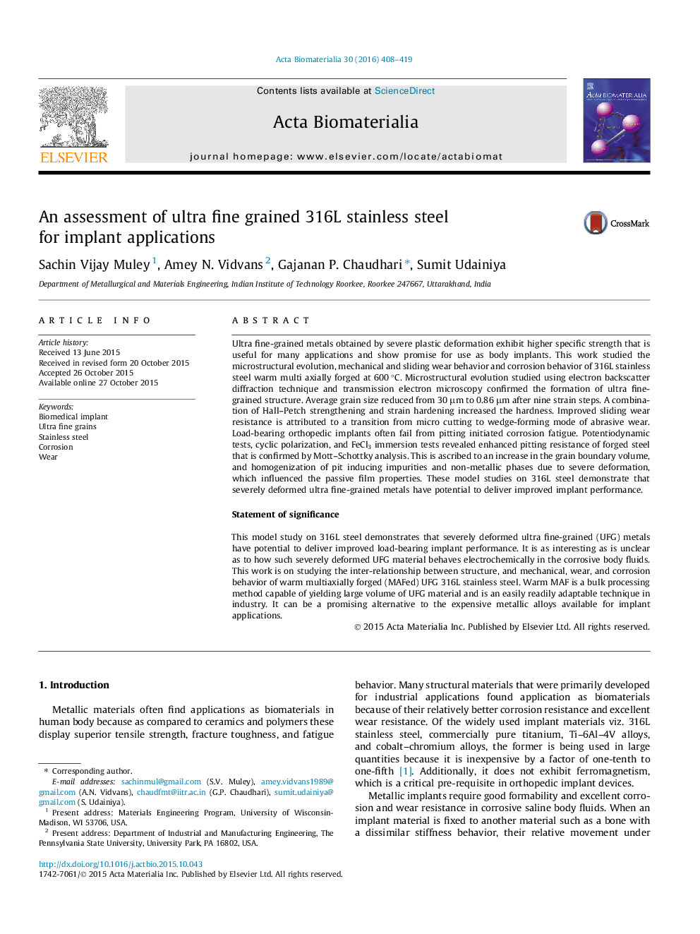 An assessment of ultra fine grained 316L stainless steel for implant applications