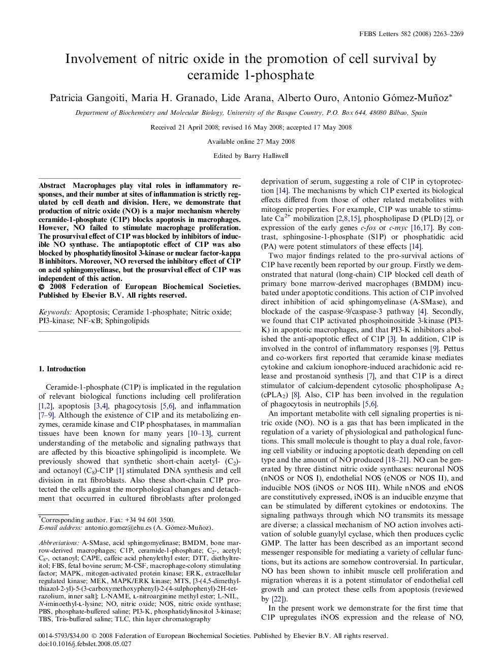 Involvement of nitric oxide in the promotion of cell survival by ceramide 1-phosphate