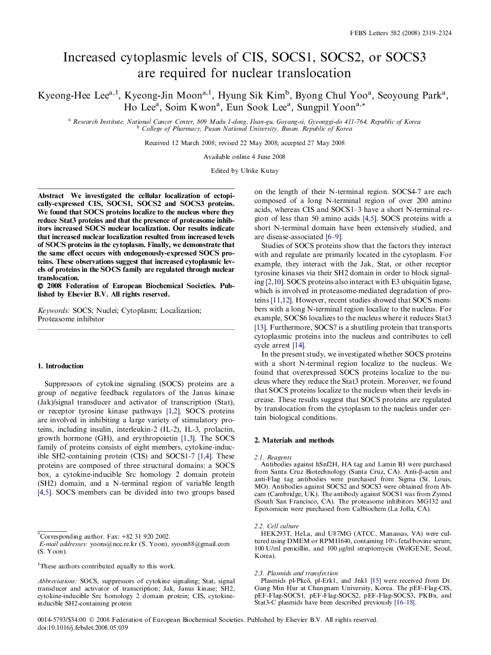 Increased cytoplasmic levels of CIS, SOCS1, SOCS2, or SOCS3 are required for nuclear translocation