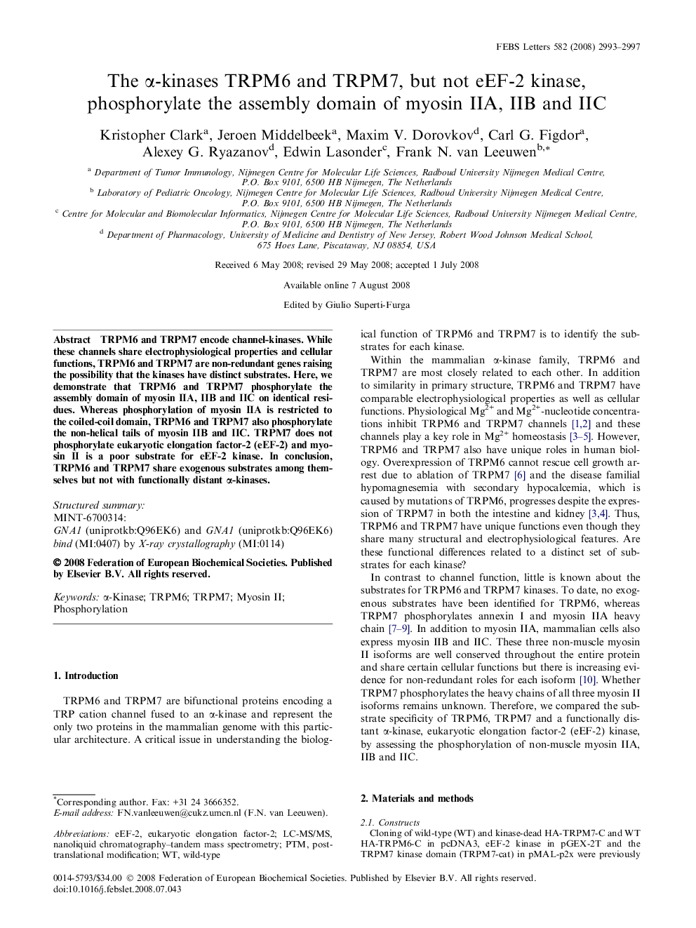 The α-kinases TRPM6 and TRPM7, but not eEF-2 kinase, phosphorylate the assembly domain of myosin IIA, IIB and IIC