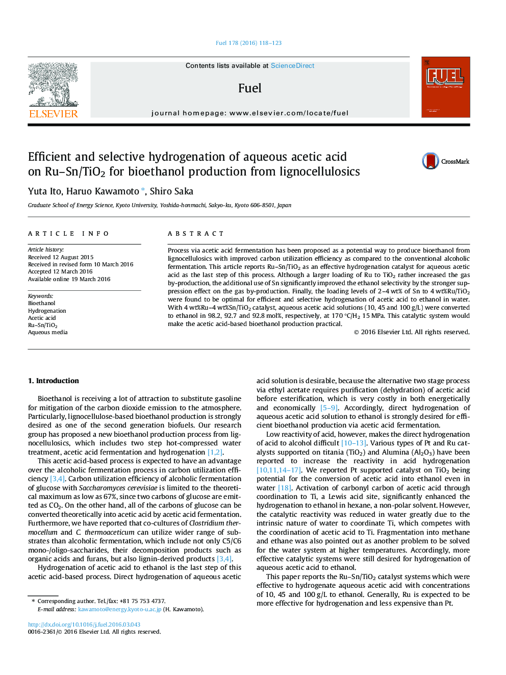 Efficient and selective hydrogenation of aqueous acetic acid on Ru–Sn/TiO2 for bioethanol production from lignocellulosics