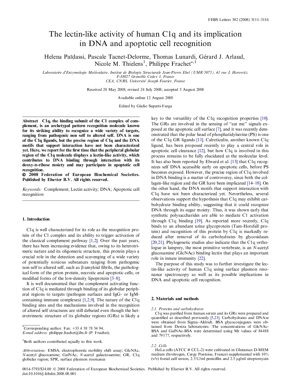 The lectin-like activity of human C1q and its implication in DNA and apoptotic cell recognition