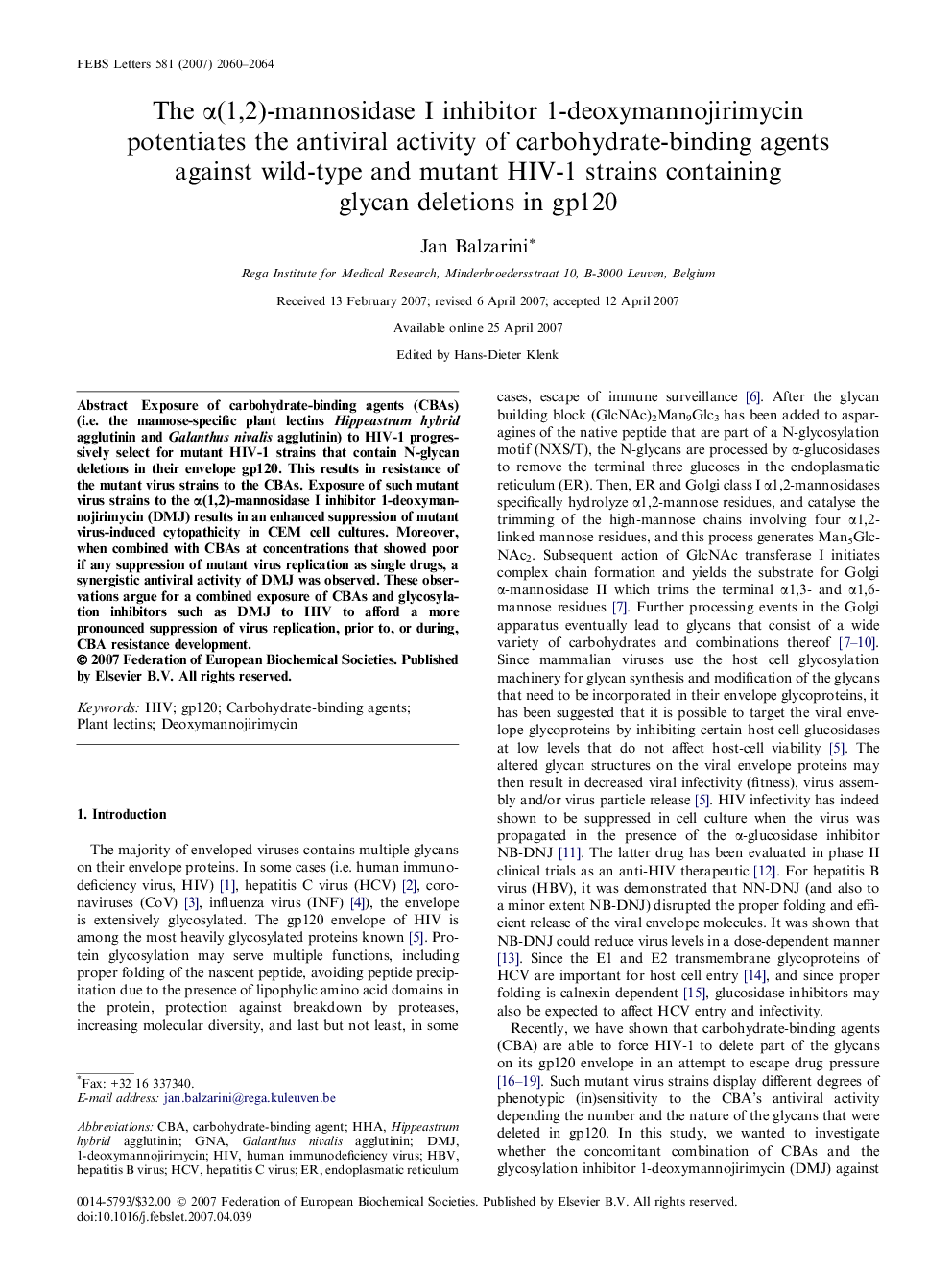 The α(1,2)-mannosidase I inhibitor 1-deoxymannojirimycin potentiates the antiviral activity of carbohydrate-binding agents against wild-type and mutant HIV-1 strains containing glycan deletions in gp120