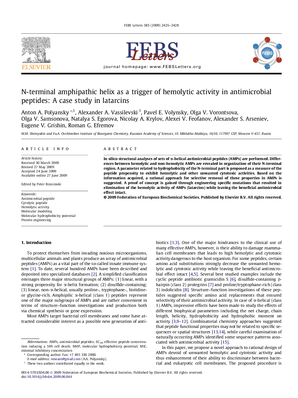 N-terminal amphipathic helix as a trigger of hemolytic activity in antimicrobial peptides: A case study in latarcins