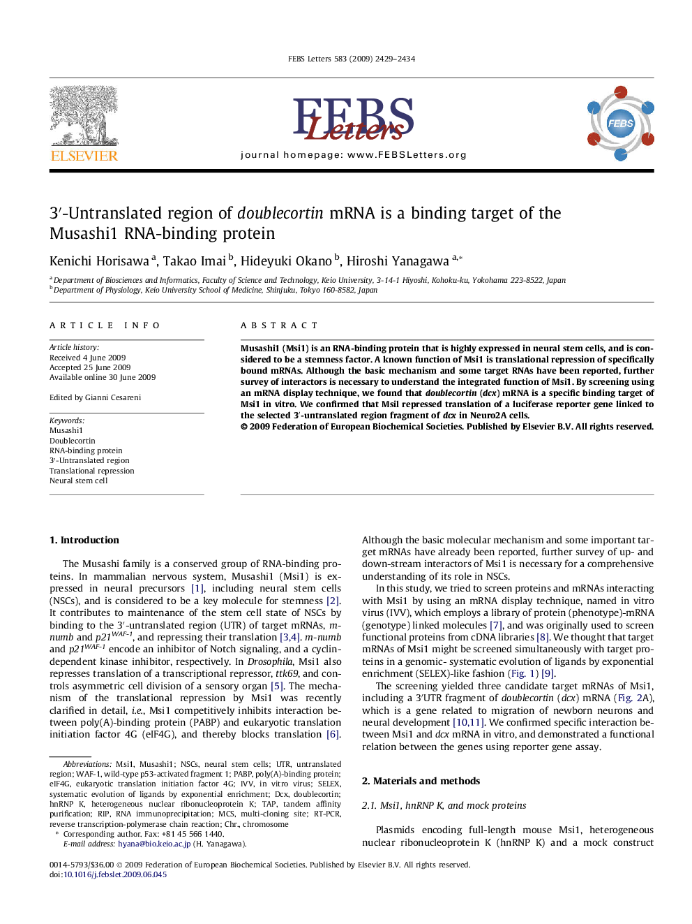 3′-Untranslated region of doublecortin mRNA is a binding target of the Musashi1 RNA-binding protein