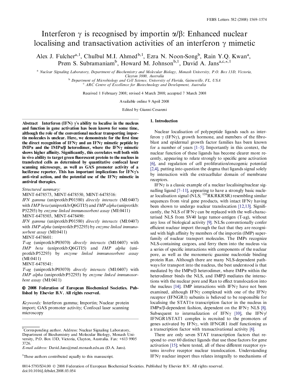 Interferon γ is recognised by importin α/β: Enhanced nuclear localising and transactivation activities of an interferon γ mimetic