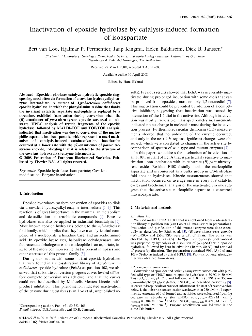 Inactivation of epoxide hydrolase by catalysis-induced formation of isoaspartate