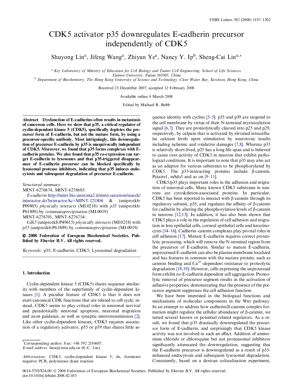 CDK5 activator p35 downregulates E-cadherin precursor independently of CDK5