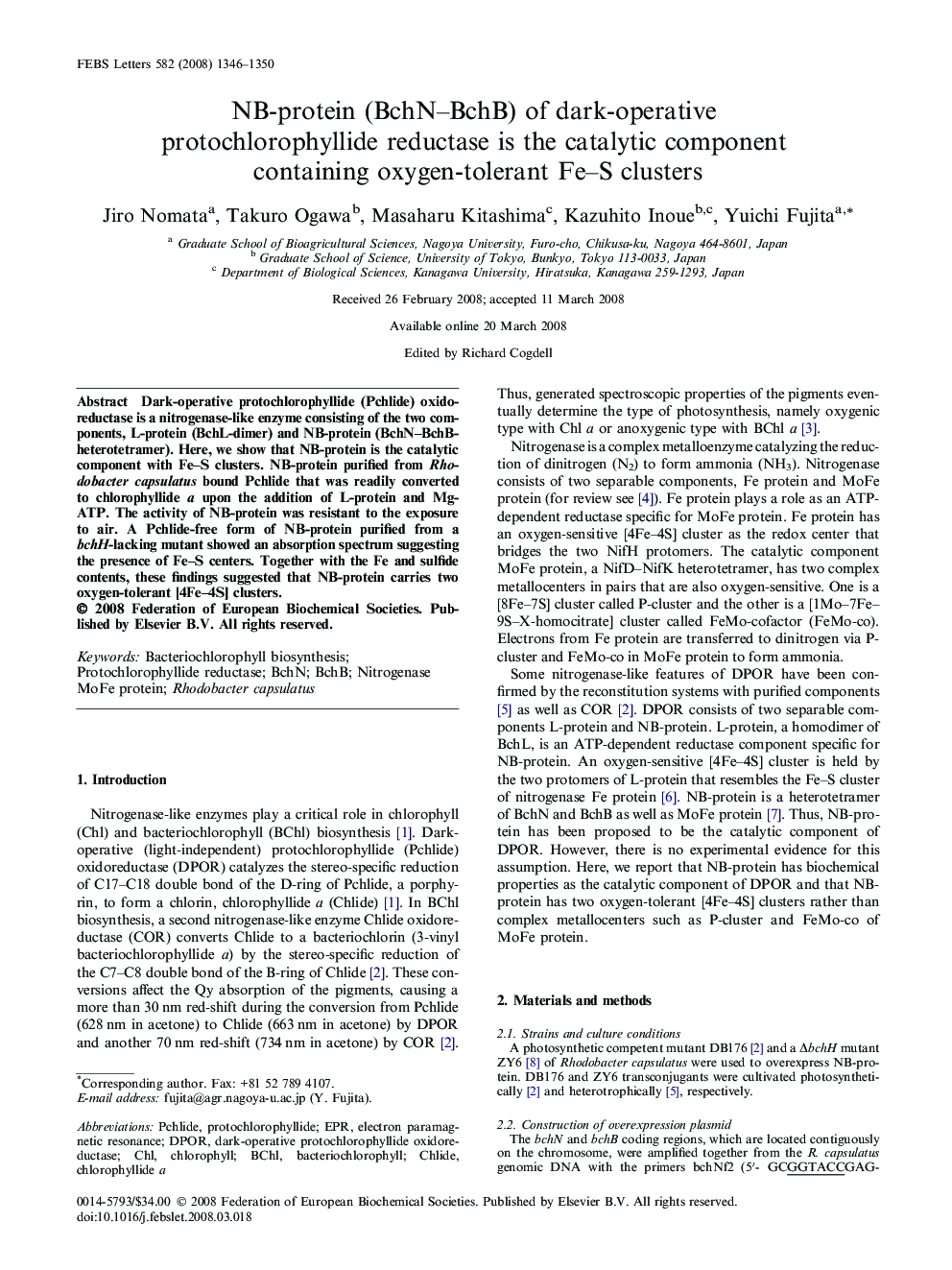 NB-protein (BchN–BchB) of dark-operative protochlorophyllide reductase is the catalytic component containing oxygen-tolerant Fe–S clusters