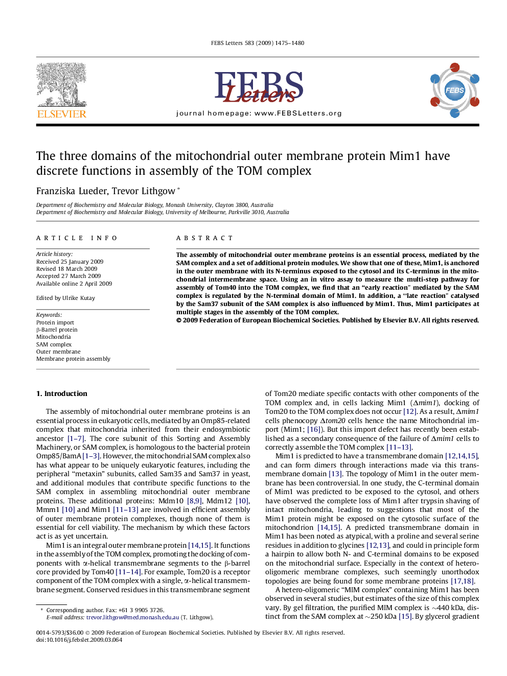 The three domains of the mitochondrial outer membrane protein Mim1 have discrete functions in assembly of the TOM complex