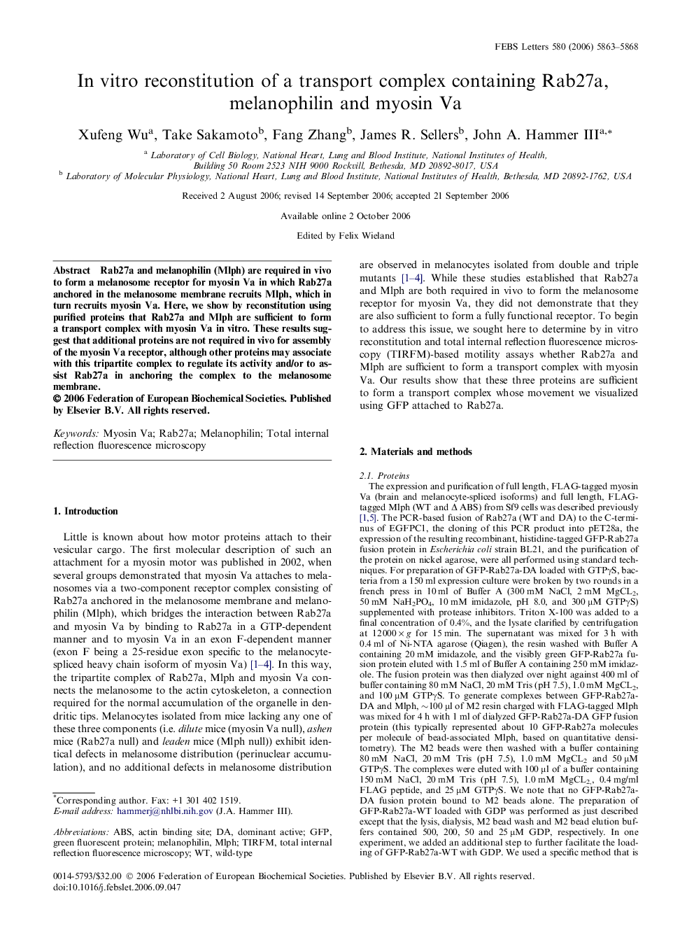 In vitro reconstitution of a transport complex containing Rab27a, melanophilin and myosin Va