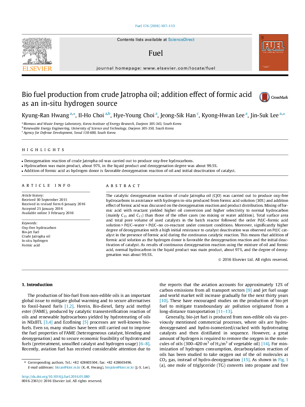 Bio fuel production from crude Jatropha oil; addition effect of formic acid as an in-situ hydrogen source