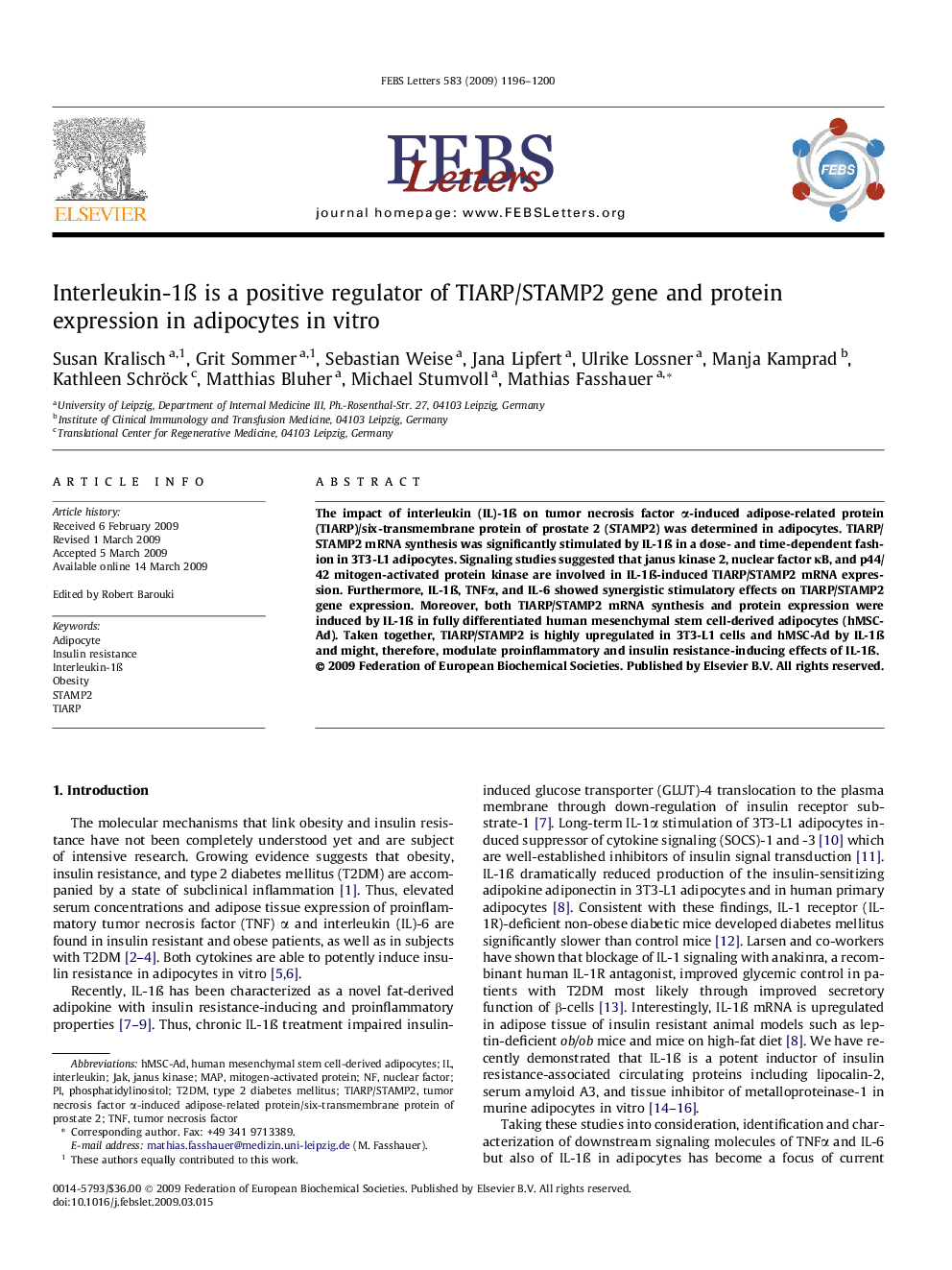 Interleukin-1ß is a positive regulator of TIARP/STAMP2 gene and protein expression in adipocytes in vitro