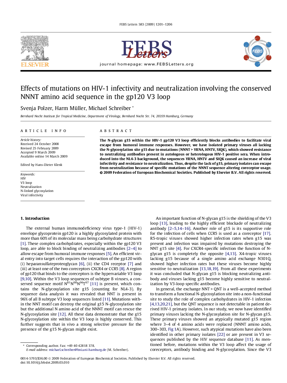 Effects of mutations on HIV-1 infectivity and neutralization involving the conserved NNNT amino acid sequence in the gp120 V3 loop