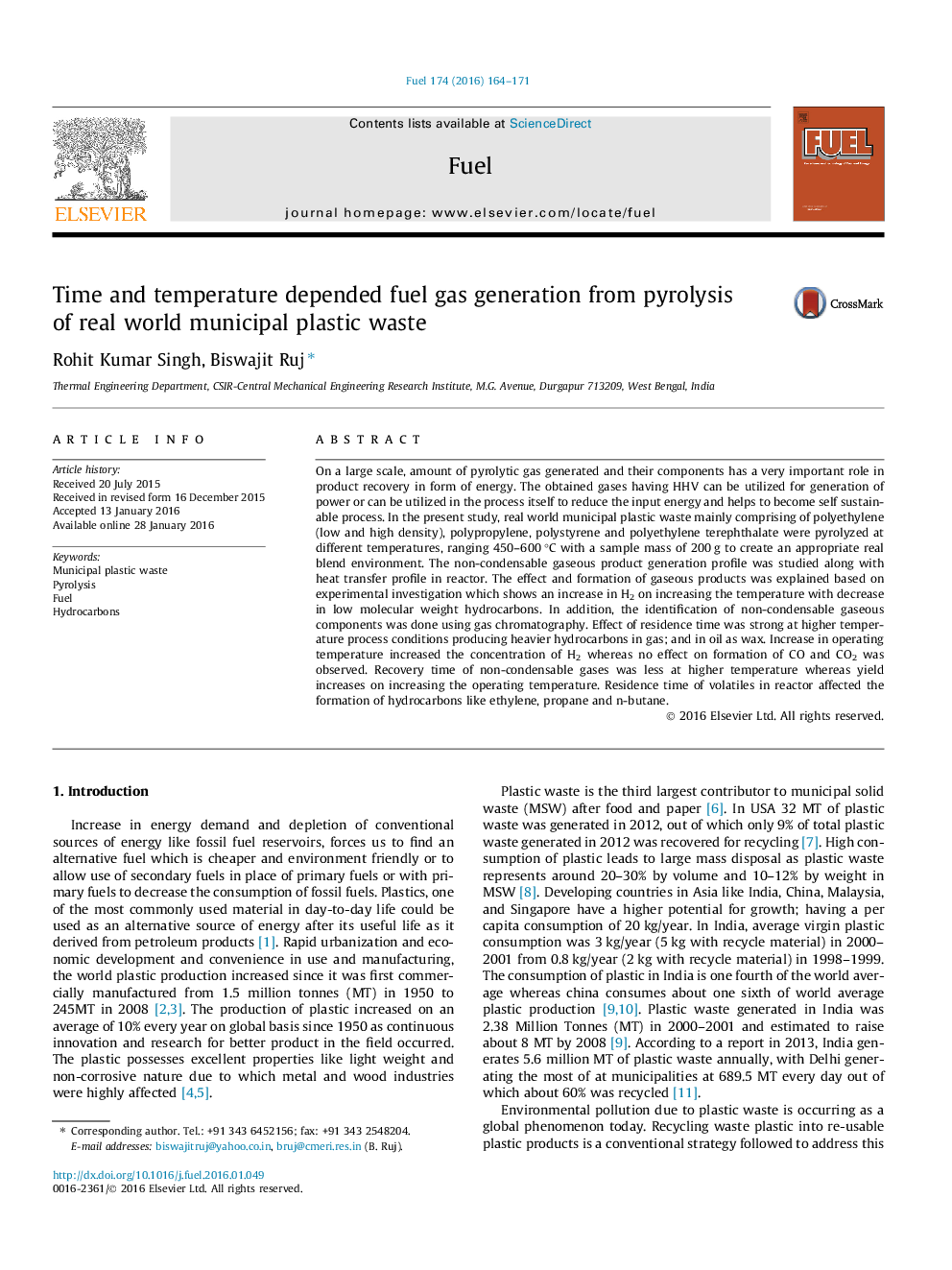 Time and temperature depended fuel gas generation from pyrolysis of real world municipal plastic waste