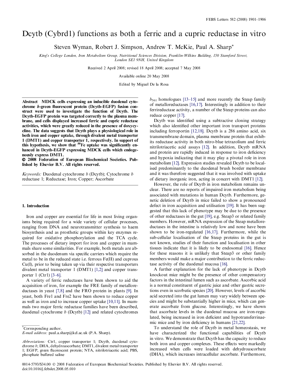 Dcytb (Cybrd1) functions as both a ferric and a cupric reductase in vitro