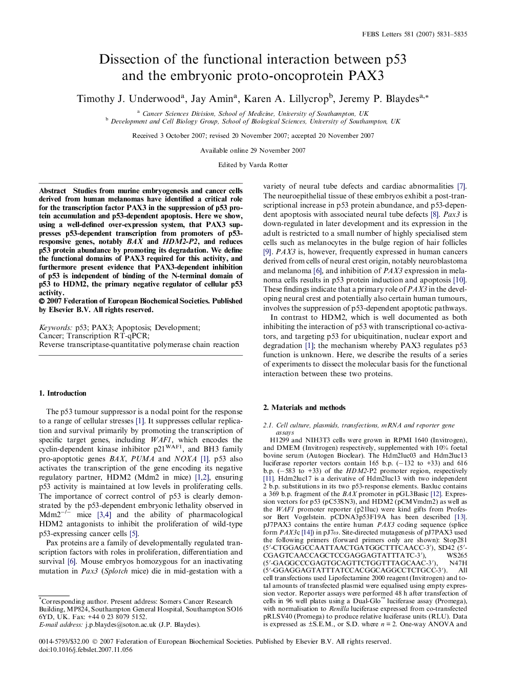 Dissection of the functional interaction between p53 and the embryonic proto-oncoprotein PAX3