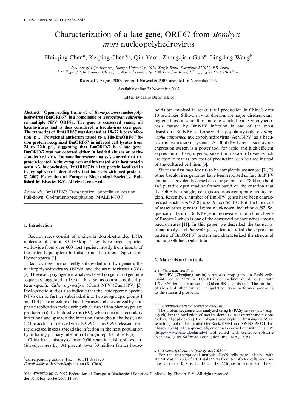 Characterization of a late gene, ORF67 from Bombyx mori nucleopolyhedrovirus