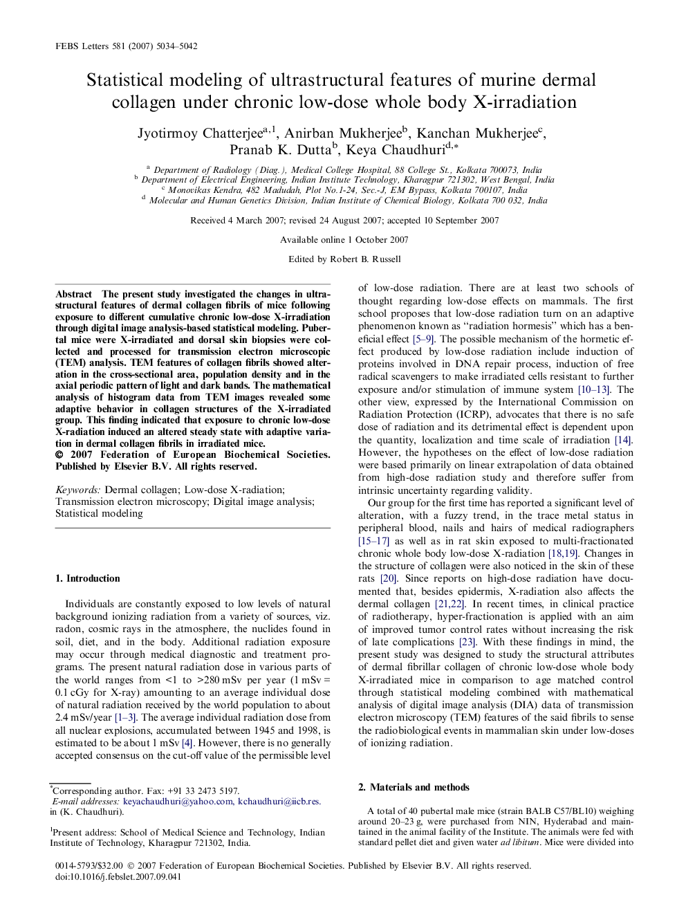 Statistical modeling of ultrastructural features of murine dermal collagen under chronic low-dose whole body X-irradiation