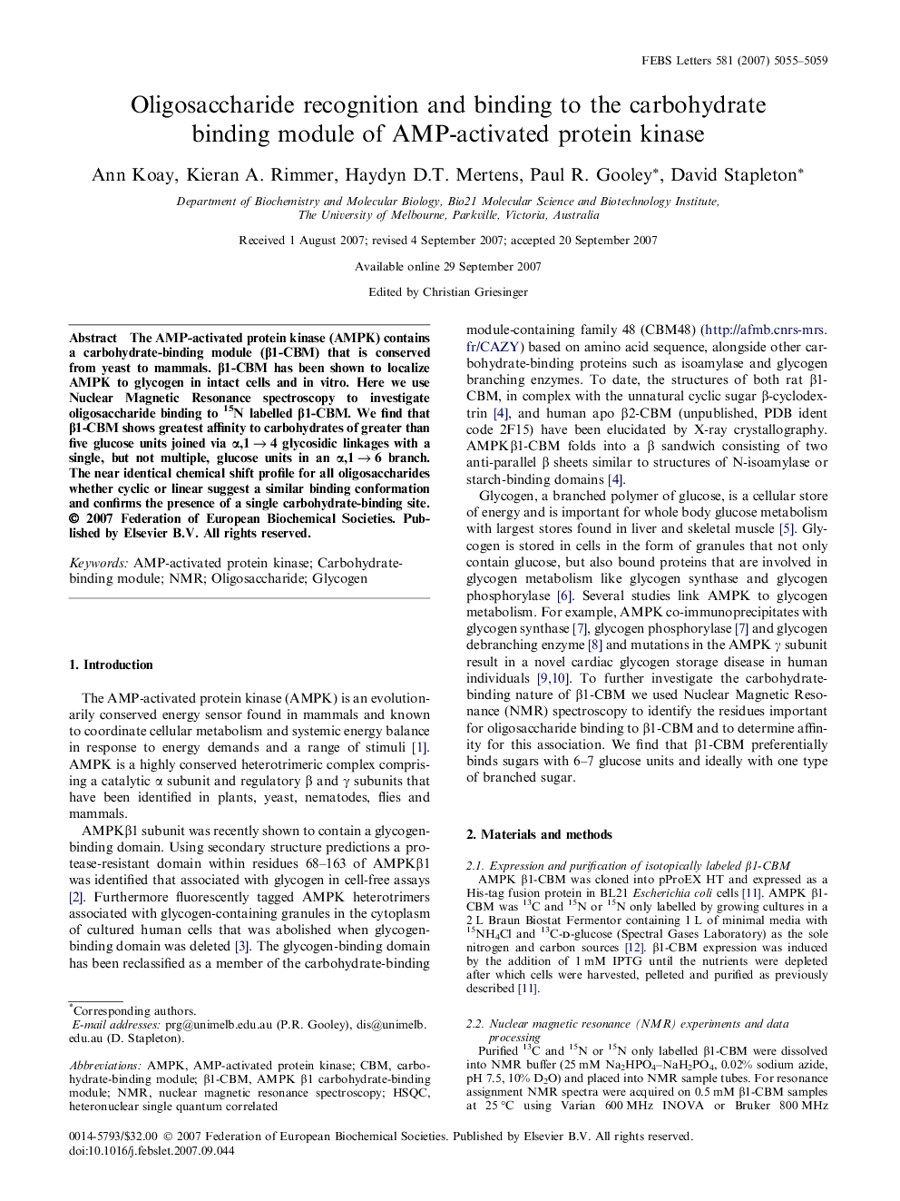 Oligosaccharide recognition and binding to the carbohydrate binding module of AMP-activated protein kinase