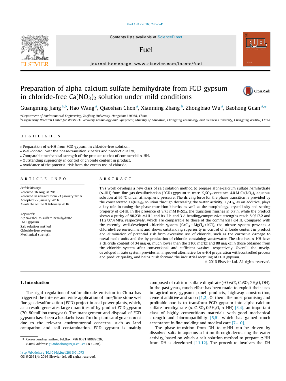 Preparation of alpha-calcium sulfate hemihydrate from FGD gypsum in chloride-free Ca(NO3)2 solution under mild conditions