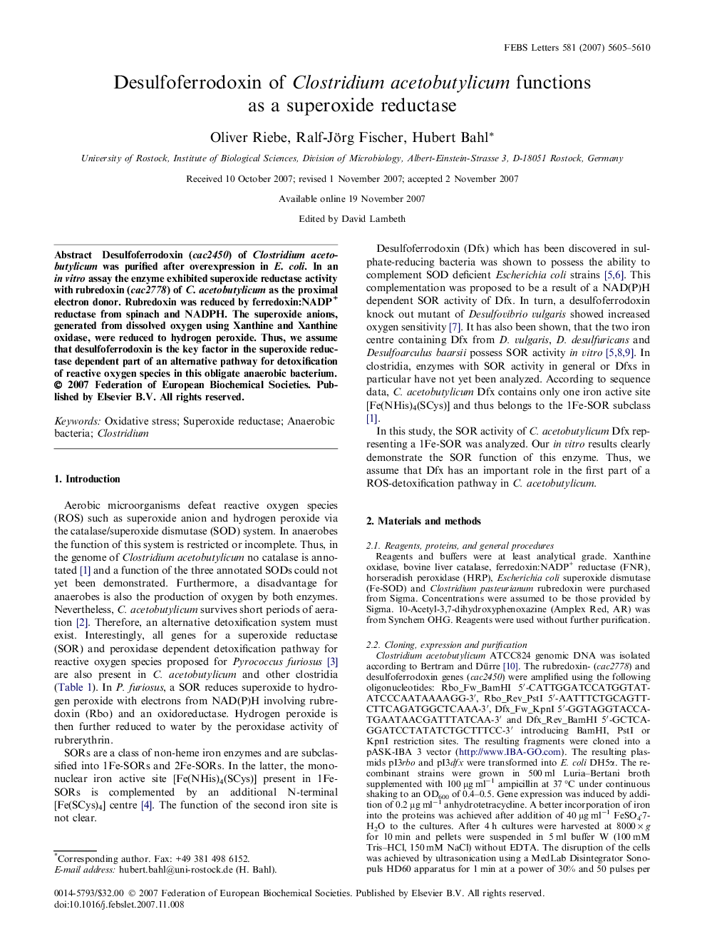 Desulfoferrodoxin of Clostridium acetobutylicum functions as a superoxide reductase