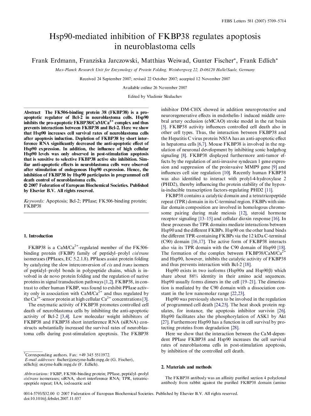 Hsp90-mediated inhibition of FKBP38 regulates apoptosis in neuroblastoma cells