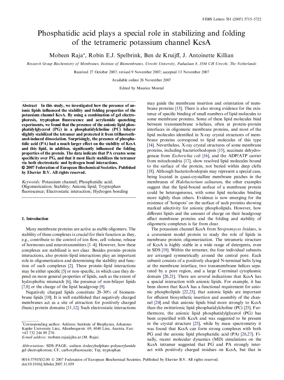 Phosphatidic acid plays a special role in stabilizing and folding of the tetrameric potassium channel KcsA